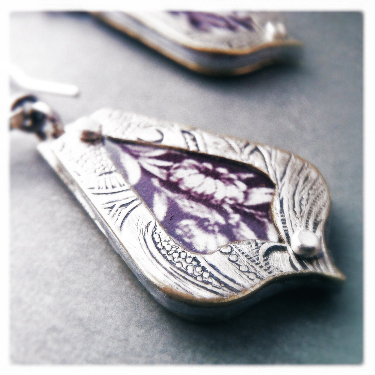 Black and White Print Earrings - Teardrop - Upcycled - Art Nouveau Inspired By Roia O'Brien