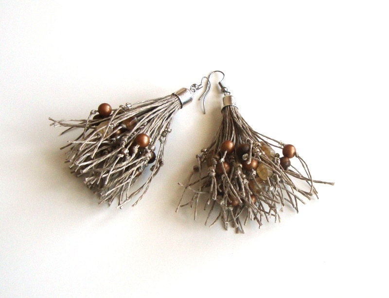Linen dangle earrings eco style jewelry spring fashion vintage beads