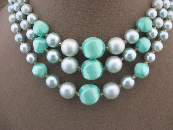 Vintage Japan Blue Bead Necklace Earrings Set