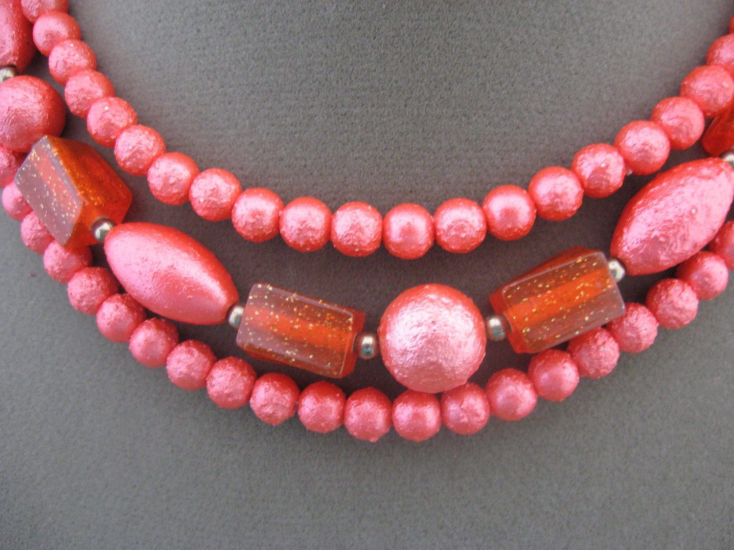 Bright Coral Vintage Necklace Set Triple Strand