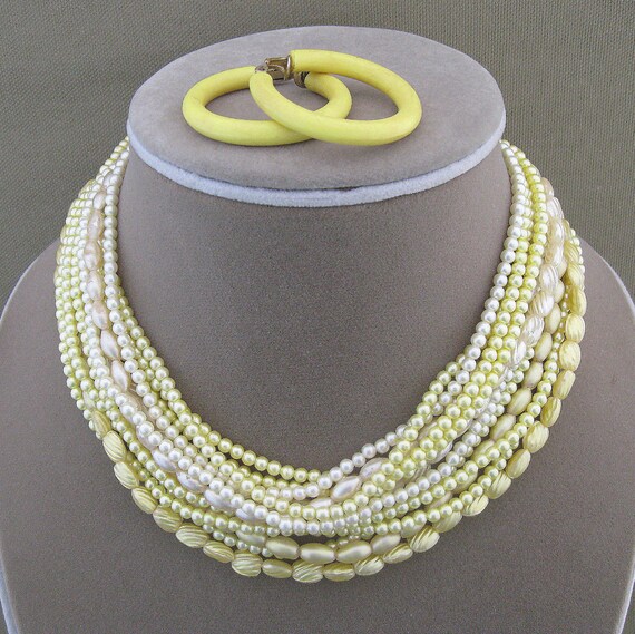 Yellow Japan Beaded Necklace Earrings Set Multi Strand