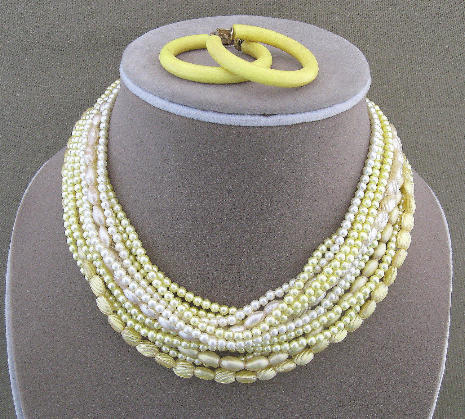 Yellow Japan Beaded Necklace Earrings Set Multi Strand