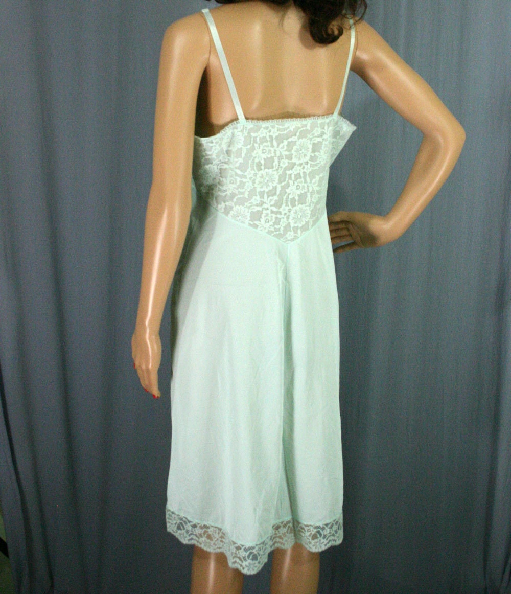 60s Mint Green Chiffon and Lace Full Slip Dress by Vanity Fair, 36 - Vintage Lingerie