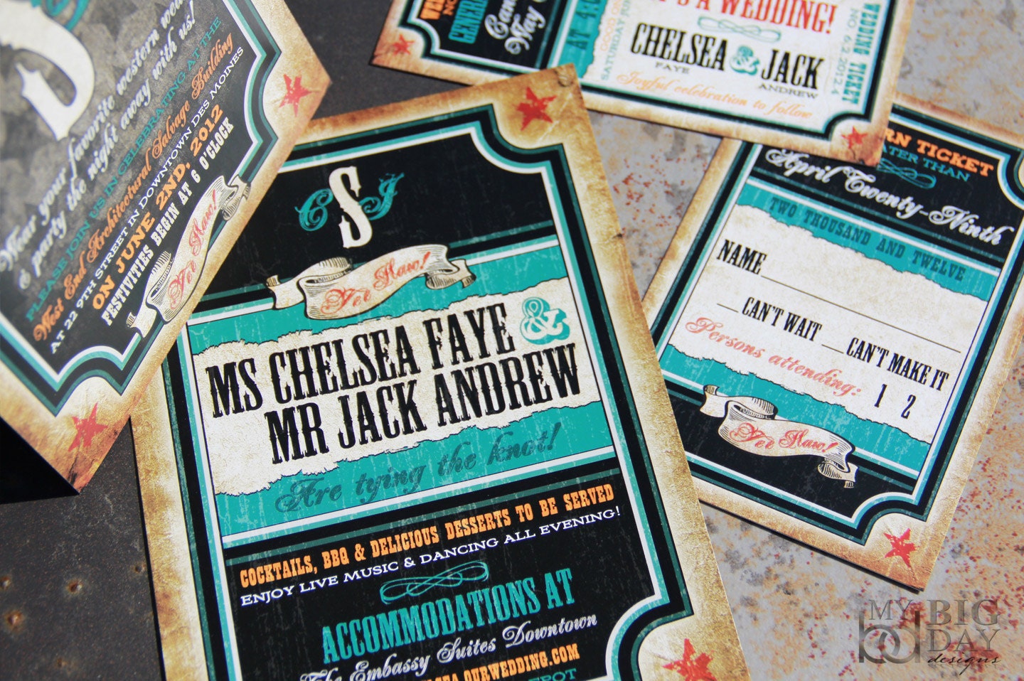 NEW Vintage Western Wedding Invitation set with Vaudeville theme 