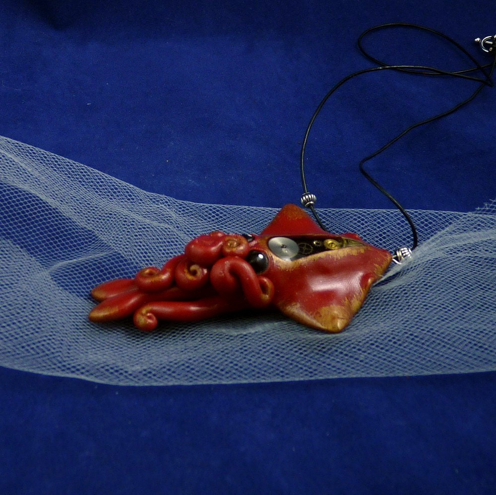 Gilded Steampunk Squid Necklace - Polymer Clay Jewelry