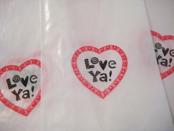 Valentine glassine bags, Love ya, hand stamped, set of 20