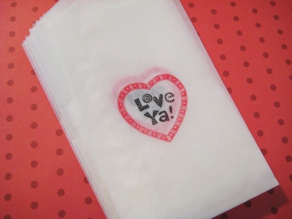 Valentine glassine bags, Love ya, hand stamped, set of 20