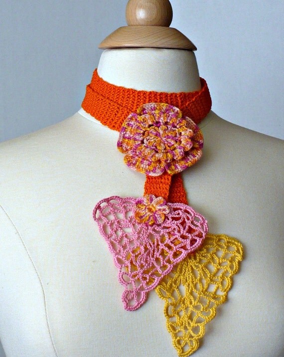 Crochet Necklace Lariat Irish Lace Crochet Flower in Orange Pink and Yellow
