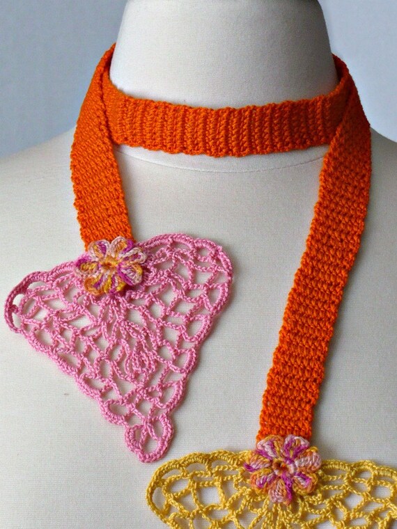 Crochet Necklace Lariat Irish Lace Crochet Flower in Orange Pink and Yellow