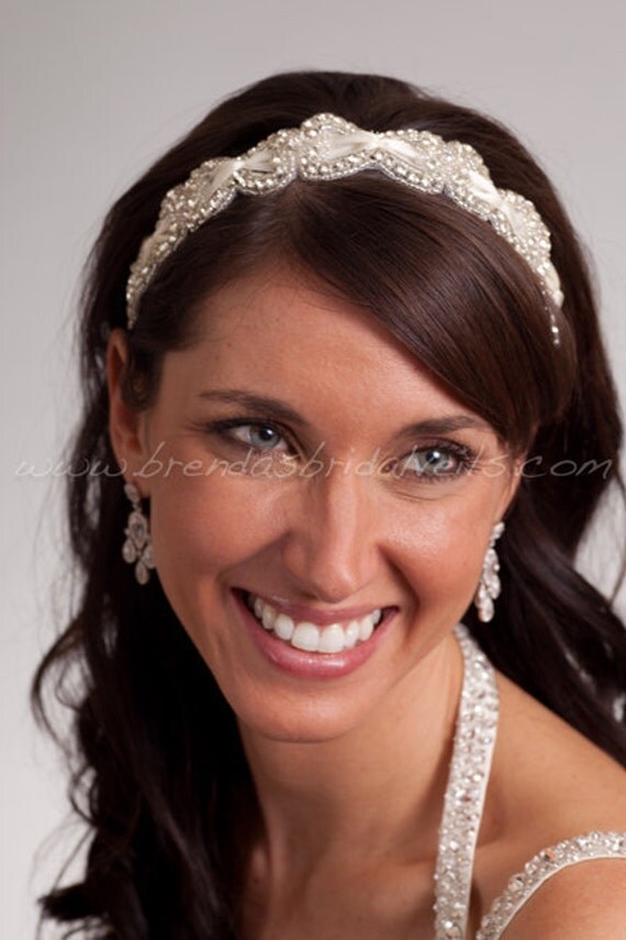 Crystal Rhinestone Headband with Smocked Satin Ribbon Bridal Headband 