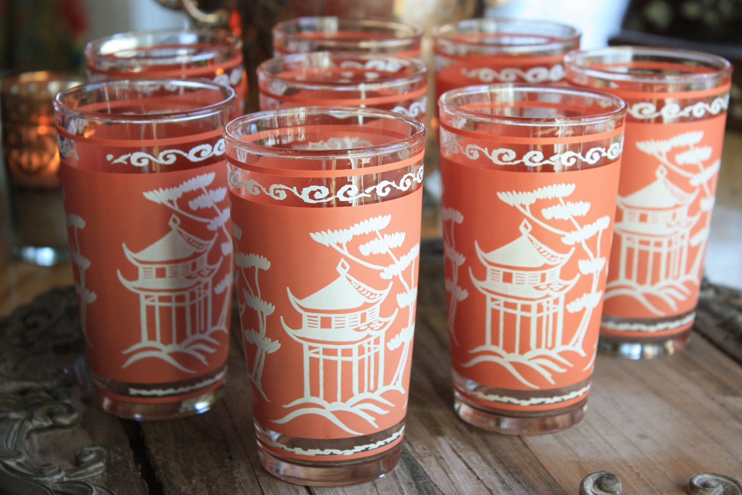 Reserved for Denise - Vintage Pagoda Grove Tangerine Cocktail Glasses -Set of Eight