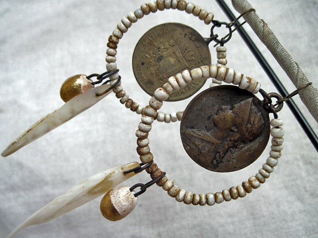 Theomeny. Antique medallions white assemblage earrings.