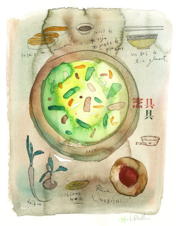 Japanese menu - Original watercolor painting - Art for kitchen - Watercolor food art