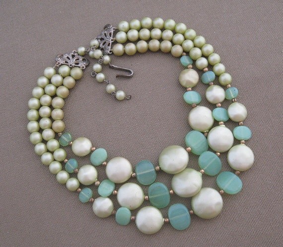 Vintage Aqua Blue Green Beaded Necklace Set Multi Strand