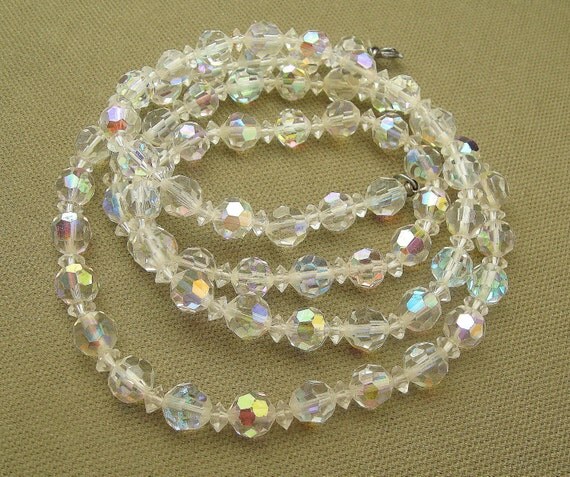 Long Vintage Crystals Aurora Borealis Bead Necklace