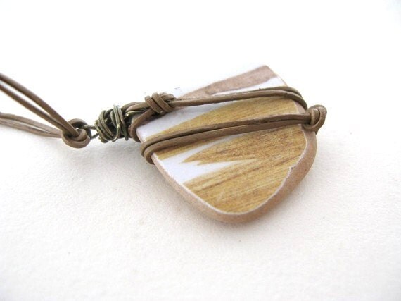 Beach Ceramic Pendant unisex tan and leather