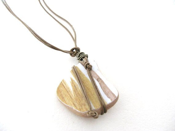 Beach Ceramic Pendant unisex tan and leather