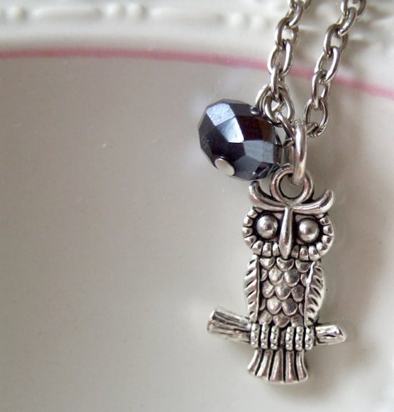 Midnight Owl Necklace - owl necklace with a granite crystal - trendy, modern