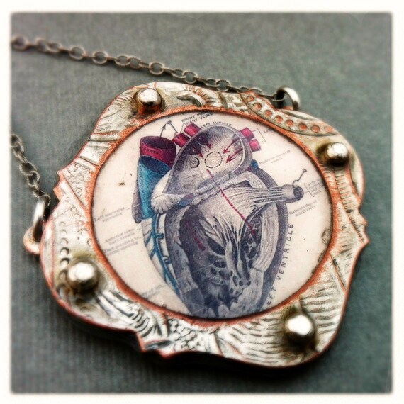 Anatomical Heart Necklace By Roia O'Brien - Antique Medical Print - Steampunk - Reclaimed Metal