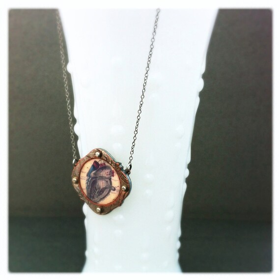 Anatomical Heart Necklace By Roia O'Brien - Antique Medical Print - Steampunk - Reclaimed Metal