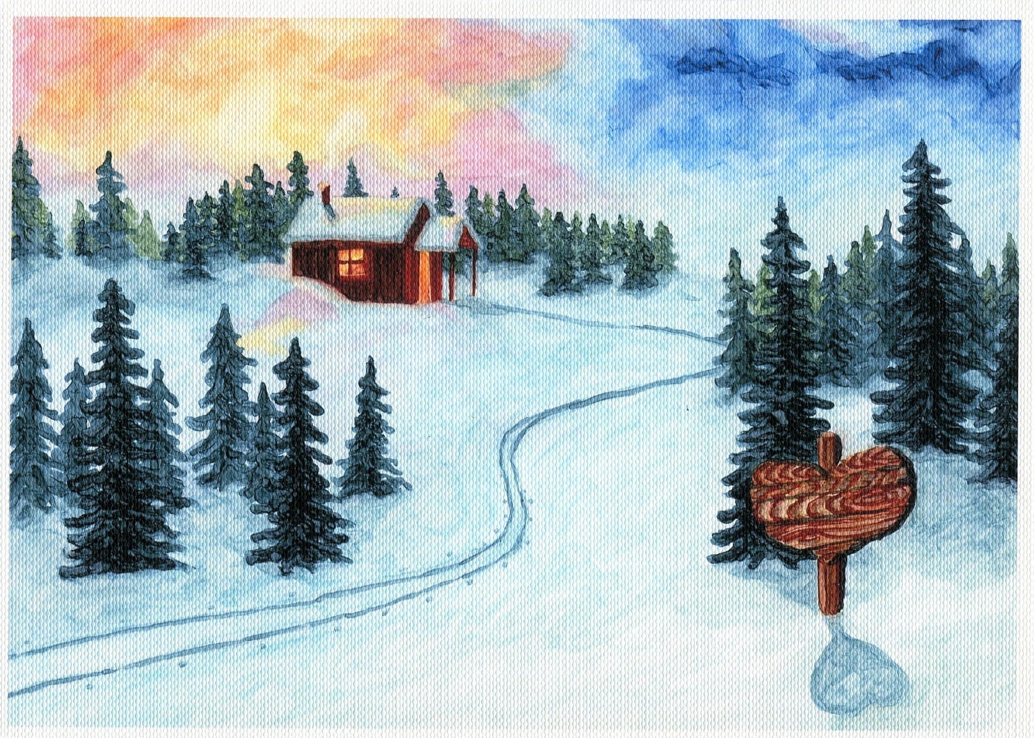 Snowy Landscape Card, 5x7 Art Print, Cross Country Ski Cabin