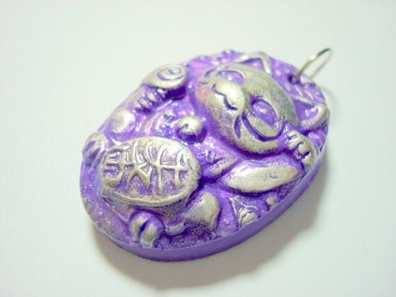 Purple and Silver Maneki Neko  Lucky Cat Handmade Polymer Clay Pendant