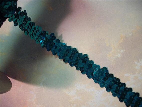 Teal Green Vintage Sequin Elastic Stretch Trim - Sold By The Yard