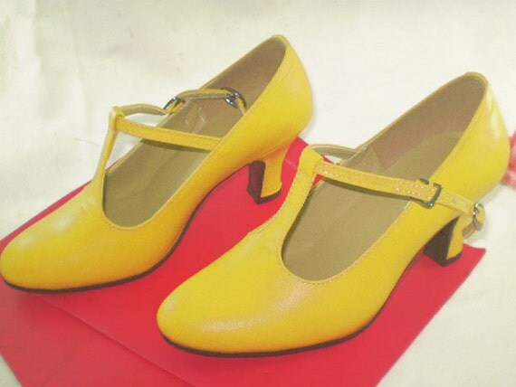 Sharp Yellow Vintage Inspired Fashion Handmade Handcrafted High Heels Yellow T-strape