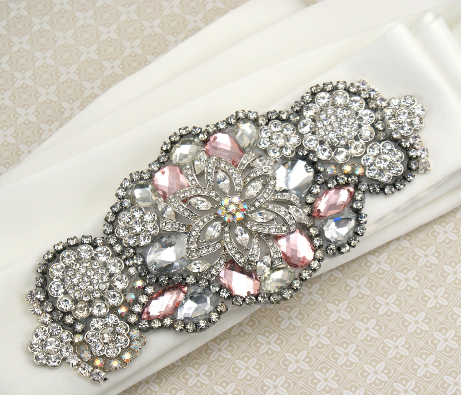 Bridal Sash - Sash with Blush Pink and Clear Crystals and Jewels and Ivory Belt - Roxy