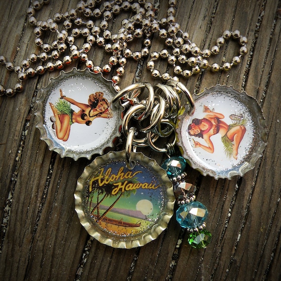 Vintage Hawaiian Pin Up Girl Bottle Cap Necklace - betsysdrawers Vintage Hawaiian Pin Up Girl Bottle Cap Necklace - betsysdrawers