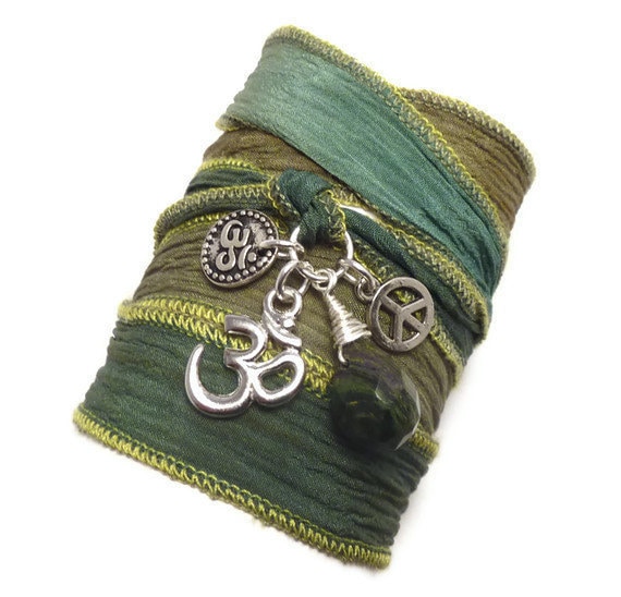 Silk Wrap Bracelet with Om Charms, Peace Sign, and Jade, yoga jewelry, wrapped wrapping bracelet, wrap around,wrist wrap