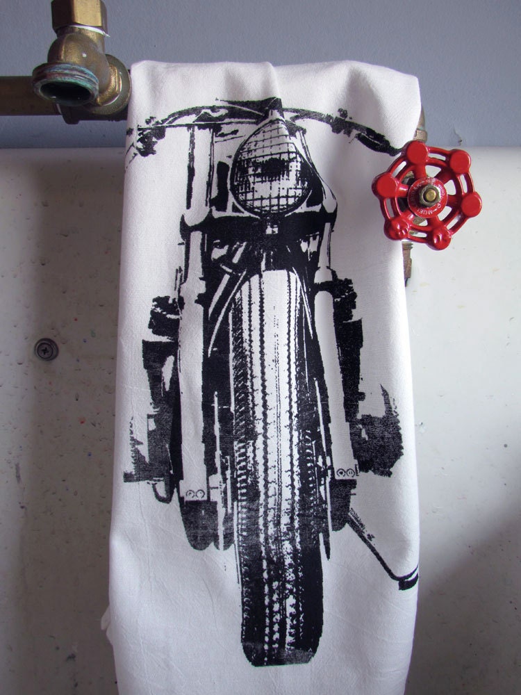 Motorcycle Tea Towel, printed in Black on White Floursack