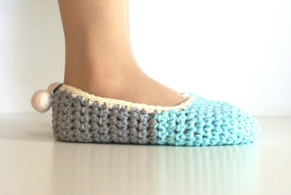 Crochet House Slippers with Felt Pom Pom, Mint Grey