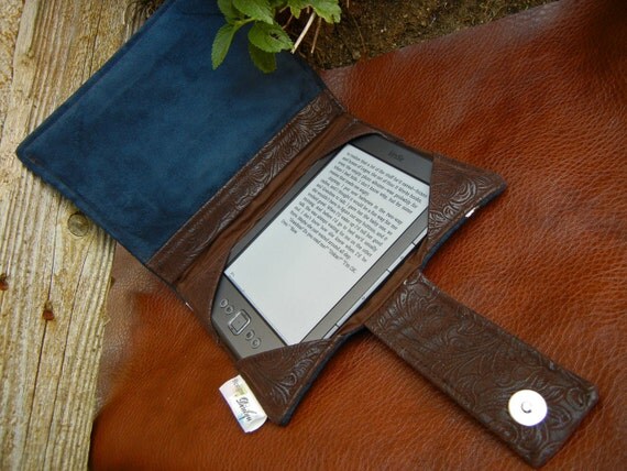 Kindle 4 Wifi Cover, Nook Cover, e-reader Cover-Navy Blue Suede Padded Book Style Cover Hand Painted with Cherry Blossoms