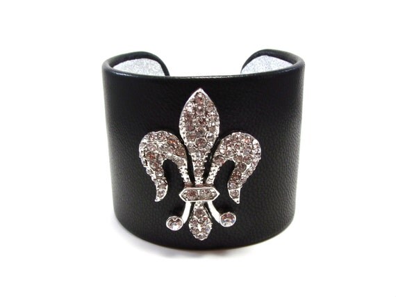 Fleur de Lis Cuff Bracelet - Crystal Fleur de Lis Black Leather Cuff Bracelet - Black and Silver Fleur de Lis Cuff - Fleur de Lys Jewelry