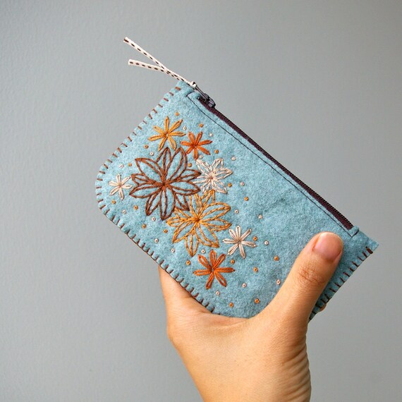 Secret Garden: Made To Order Hand Embroidered Wool Felt Coin Purse or iPhone Cozy by LoftFullOfGoodies