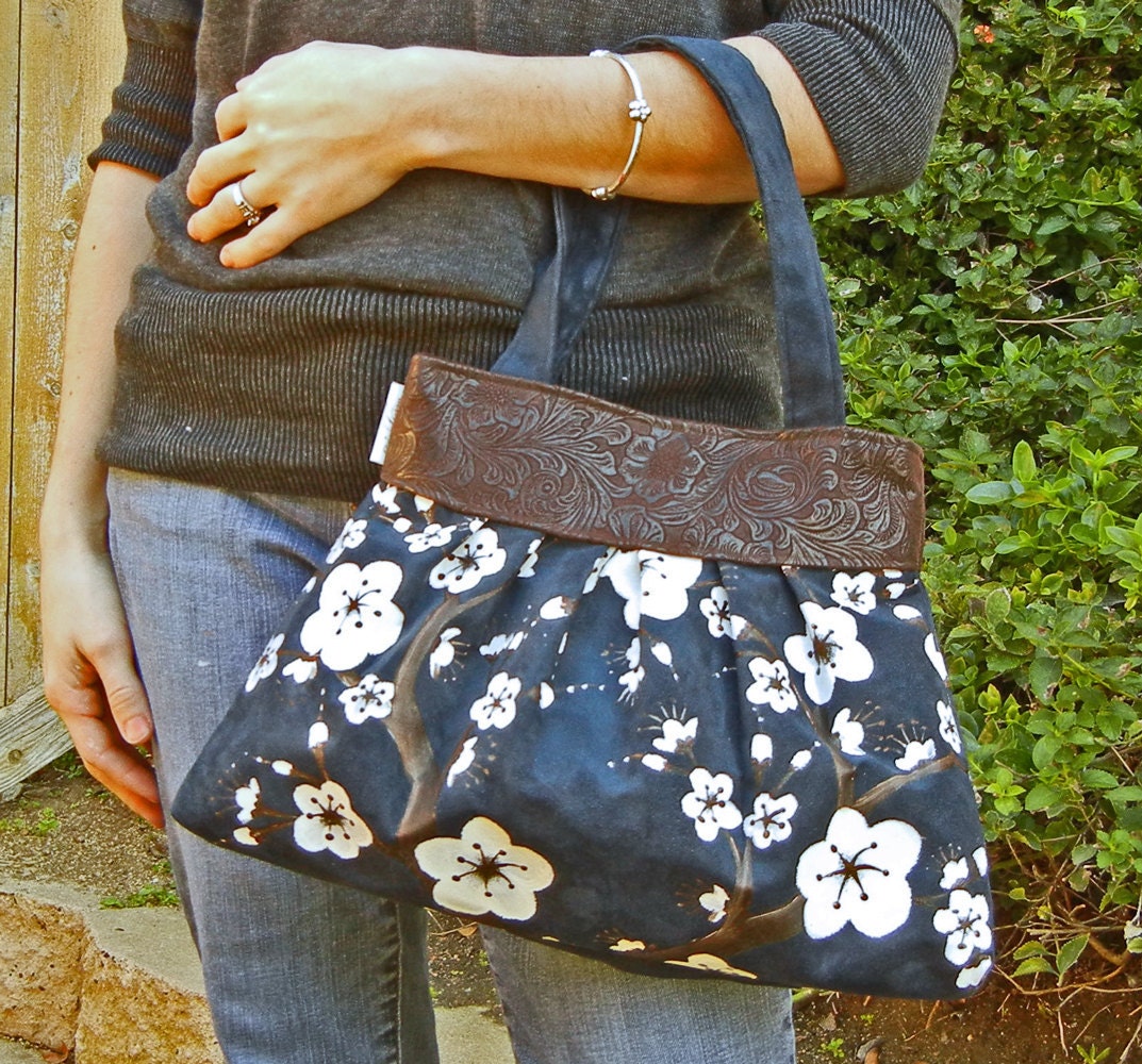 Ultrasuede Hand Painted Pleated Handbag with White Cherry Blossoms on Navy Blue Suede with Faux Leather Trim