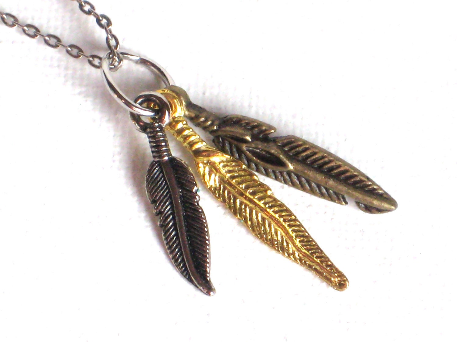 Triple Feather Necklace in Mixed Metals on Vintage Chain, Silver, Gold, Brass, Pendant, Charm, Tiny