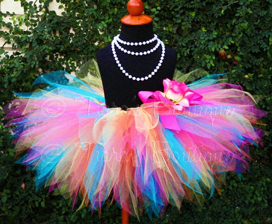 Girls Tutu - Birthday Tutu - Tropical Mix - Pink Orange Yellow Blue - Sewn 11'' Rainbow Birthday Pixie Tutu - up to 5T - Photo Prop Tutu