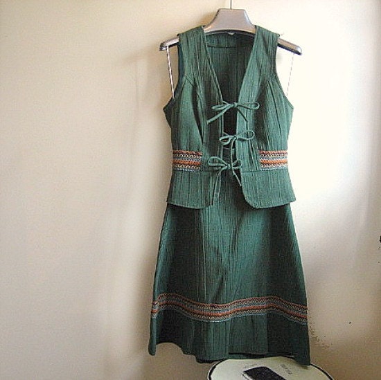 skirt and vest dress set vintage 1970s green