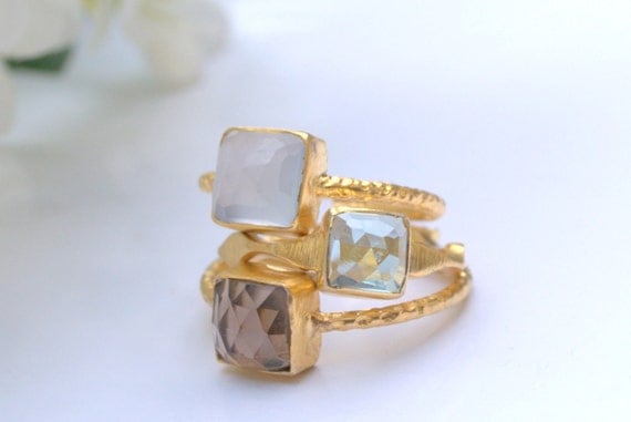 Gold Ring - Stacking Rings -Hammered Rings-- Smokey Topaz Ring, Hydro Blue Topaz Ring and Blue Chalcedony Ring -Hammered Rings
