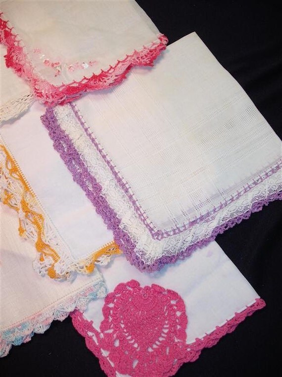 Handkerchiefs Hankies - Vintage Crocheted Edge Assortment of 7 (E) - Hanky Panky