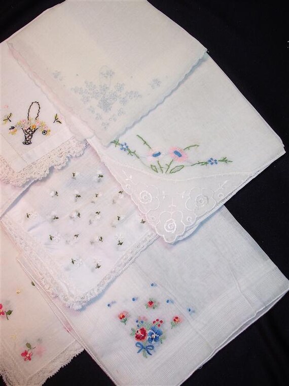 Handkerchiefs - Vintage Embroidered Hanky Grouping of 8 - (J) - Hanky Panky