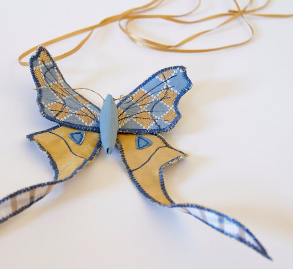 Fabric Moth Brooch / Tailed Saturniid / Upholstery Fabric and Satin / Light Blue and gold