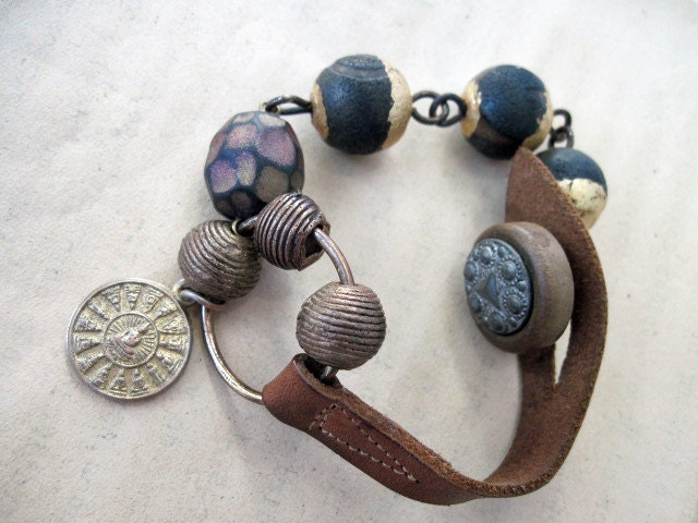 The End of Greatness. Rustic Bracelet with Leather Strap and Gold Foiled Agate Beads.