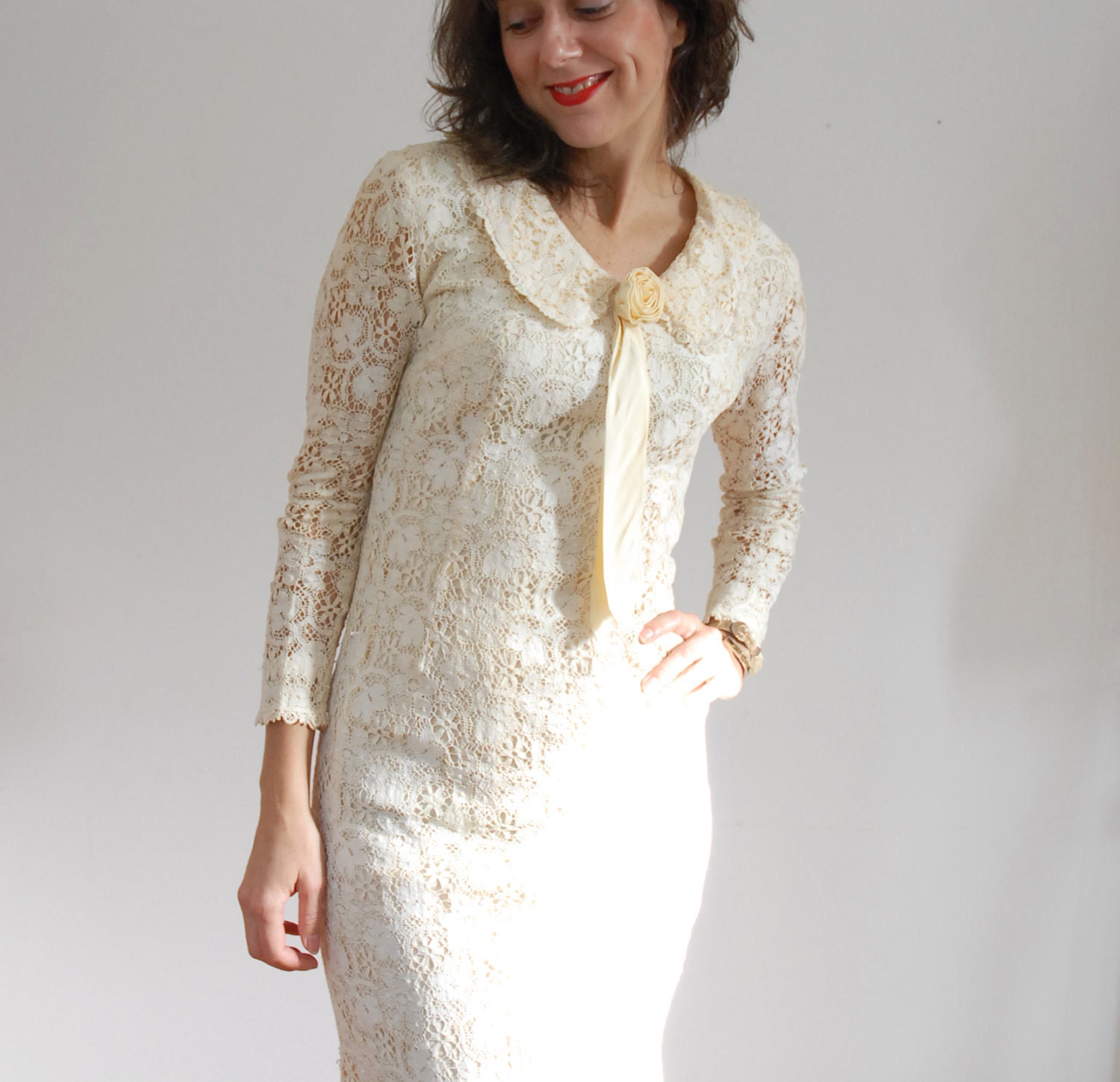 s a l e 60s Cream Lace Dress 1960s Lace Wedding Dress