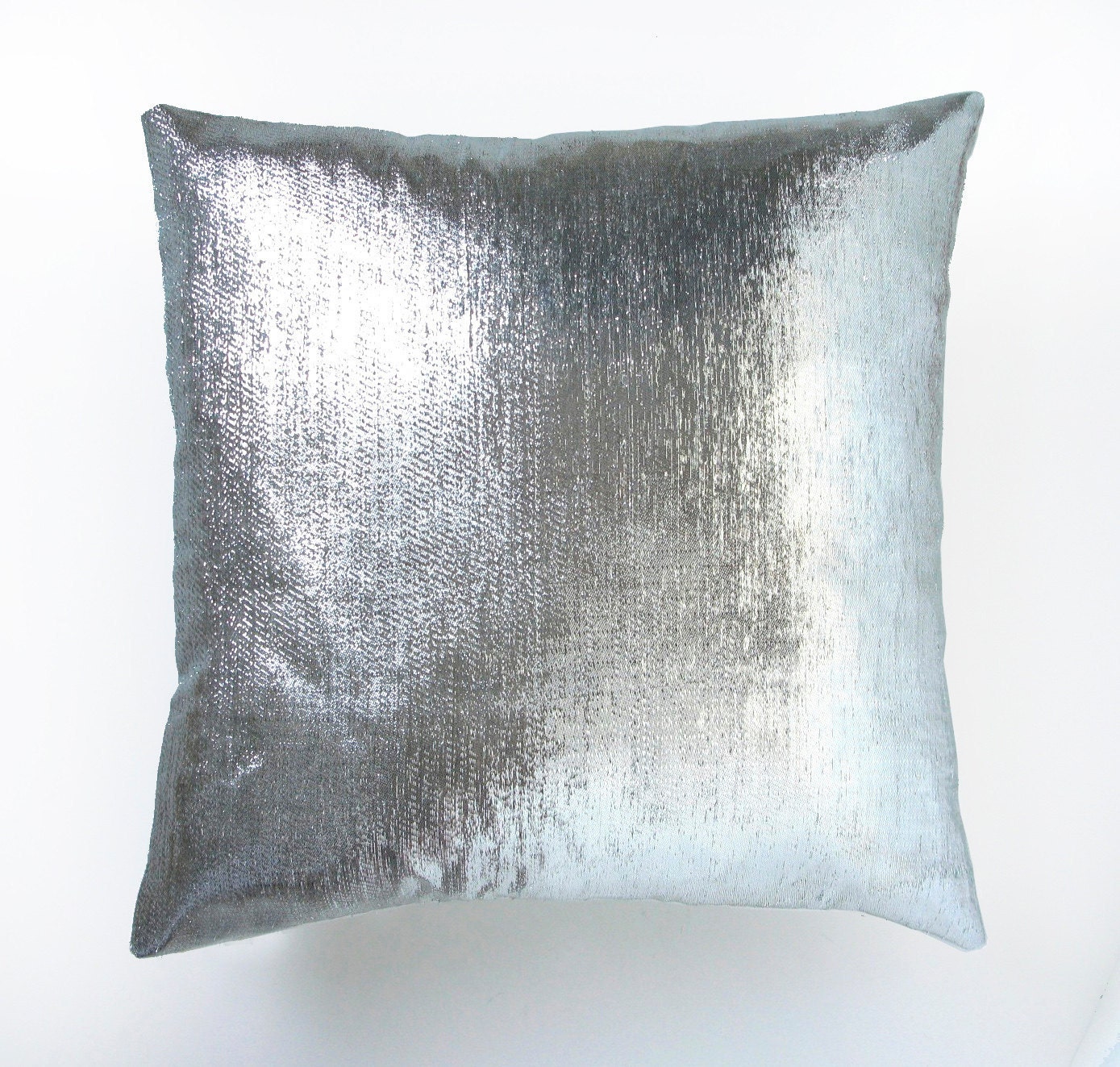 Glamourous Vintage Metallic Silver Fabric Down-Filled, Velvet-Backed Pillow