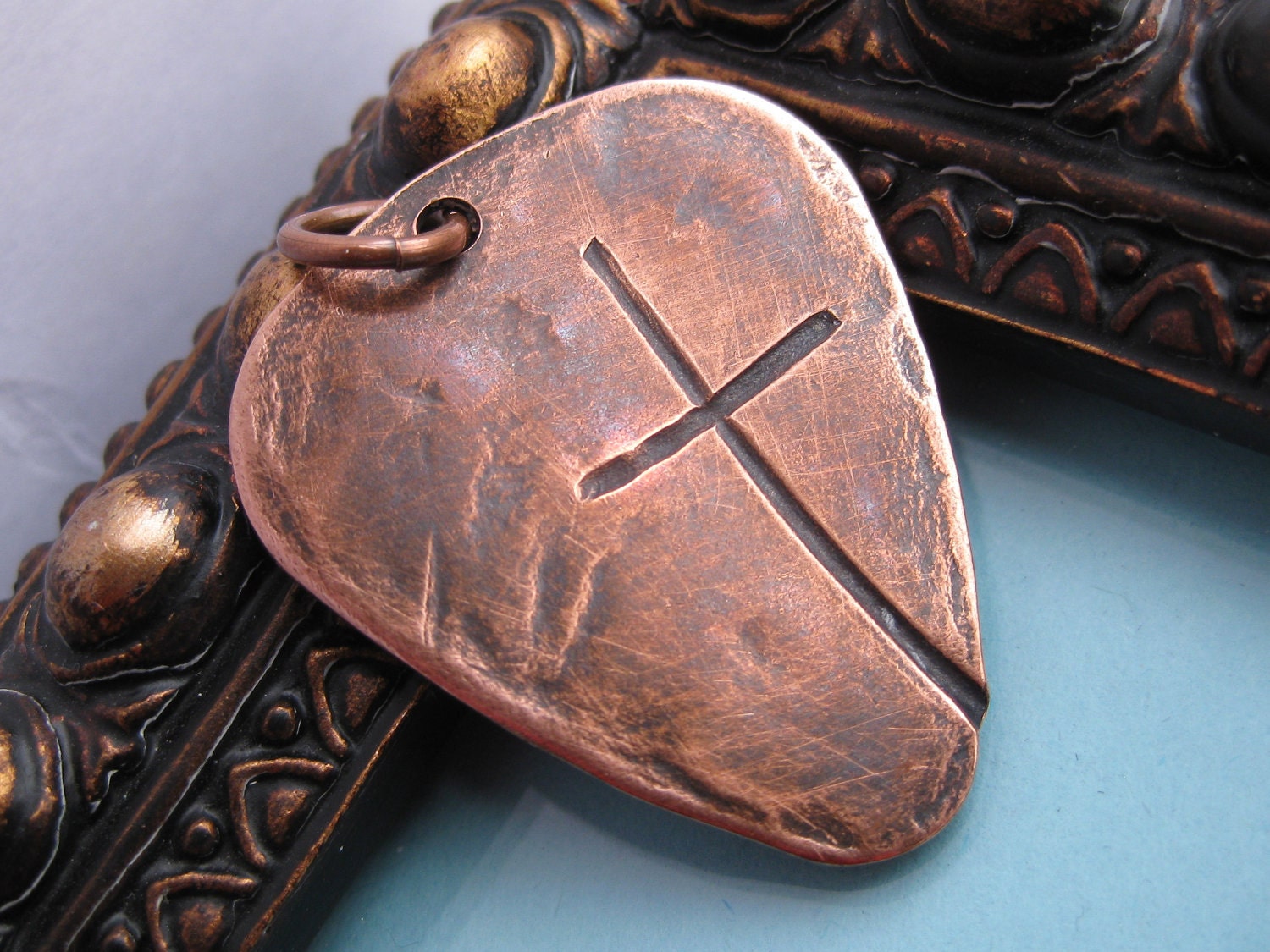 Ol' Rugged Cross Heavy COPPER Guitar Pick Style Men's Necklace