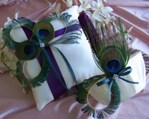 Peacock Wedding Accessories Peacock Feathers ring bearer pillow and flower