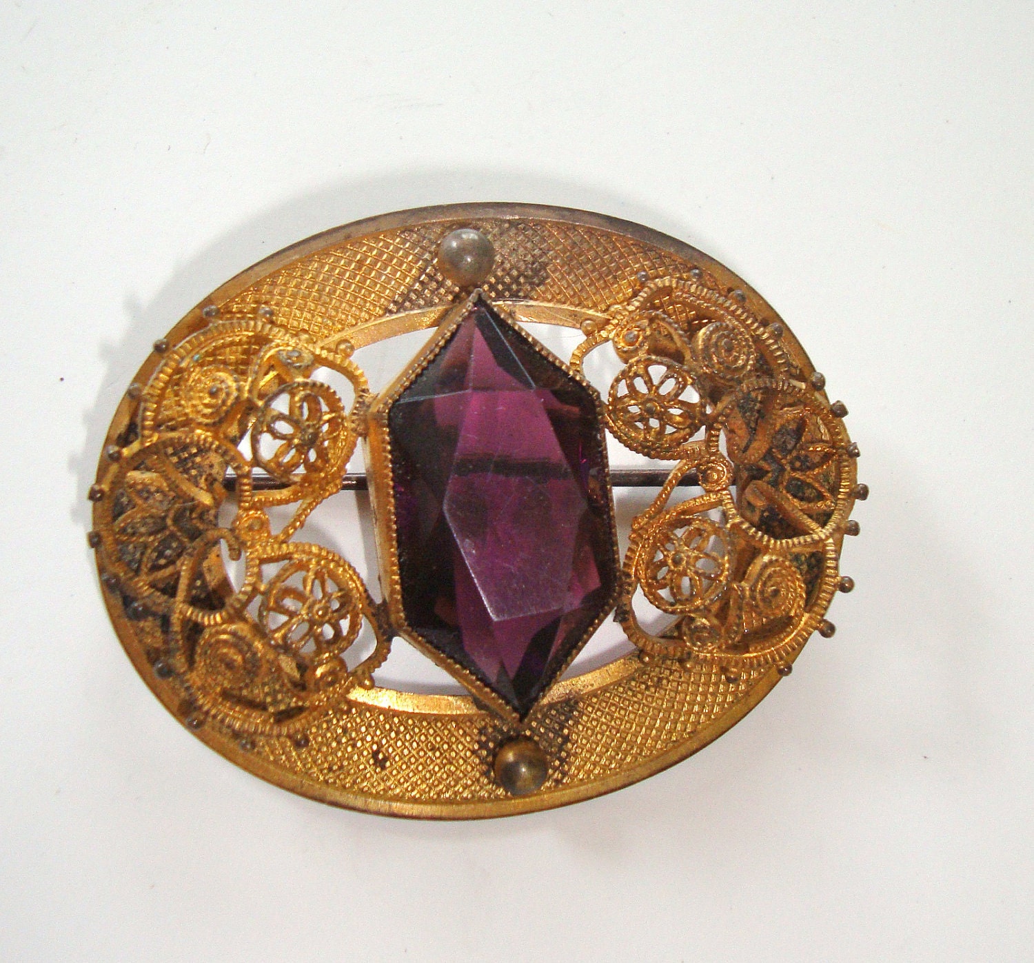 Art Nouveau Amethyst Glass Sash Pin or Brooch
